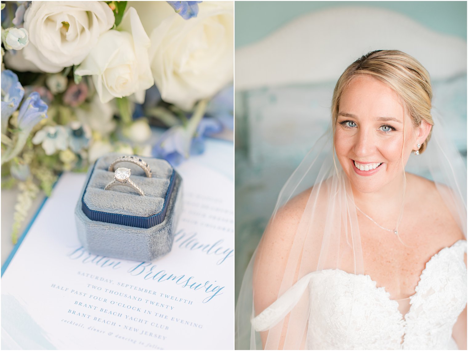 bride sits with veil around shoulders and wedding ring in blue box