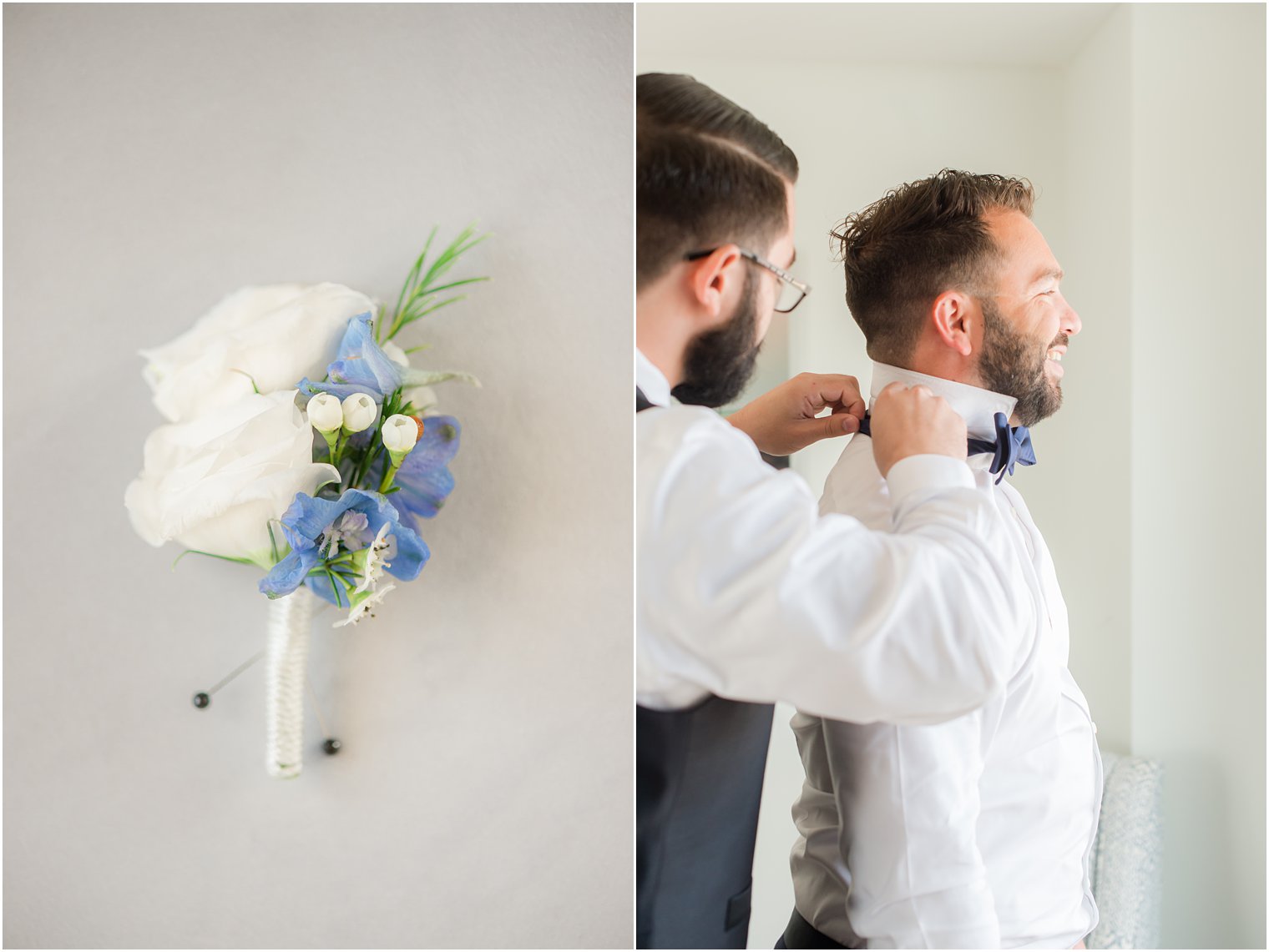 groomsman helps groom with tie on wedding day