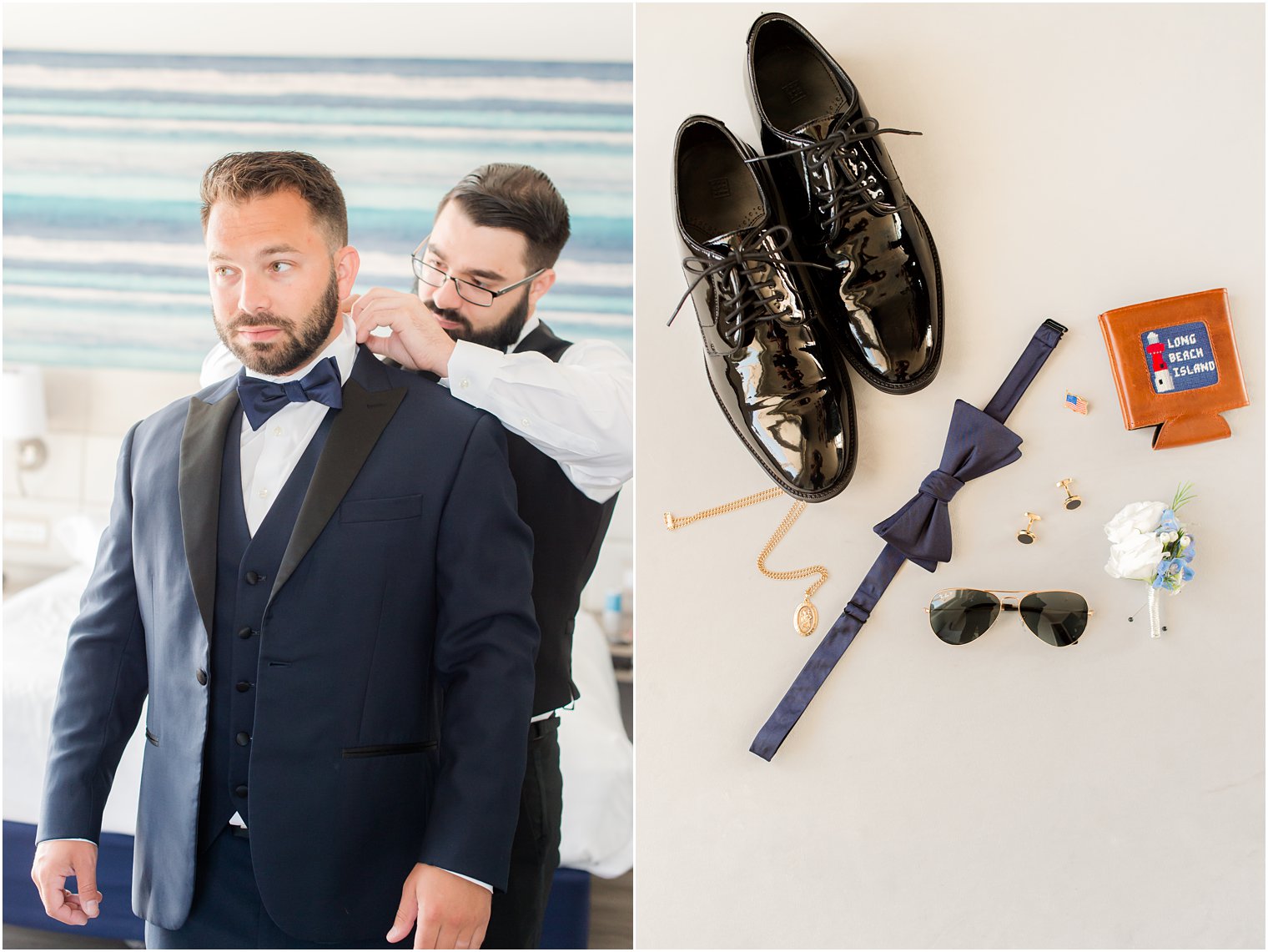 groom prepares for wedding on 9/11 at Brant Beach Yacht Club