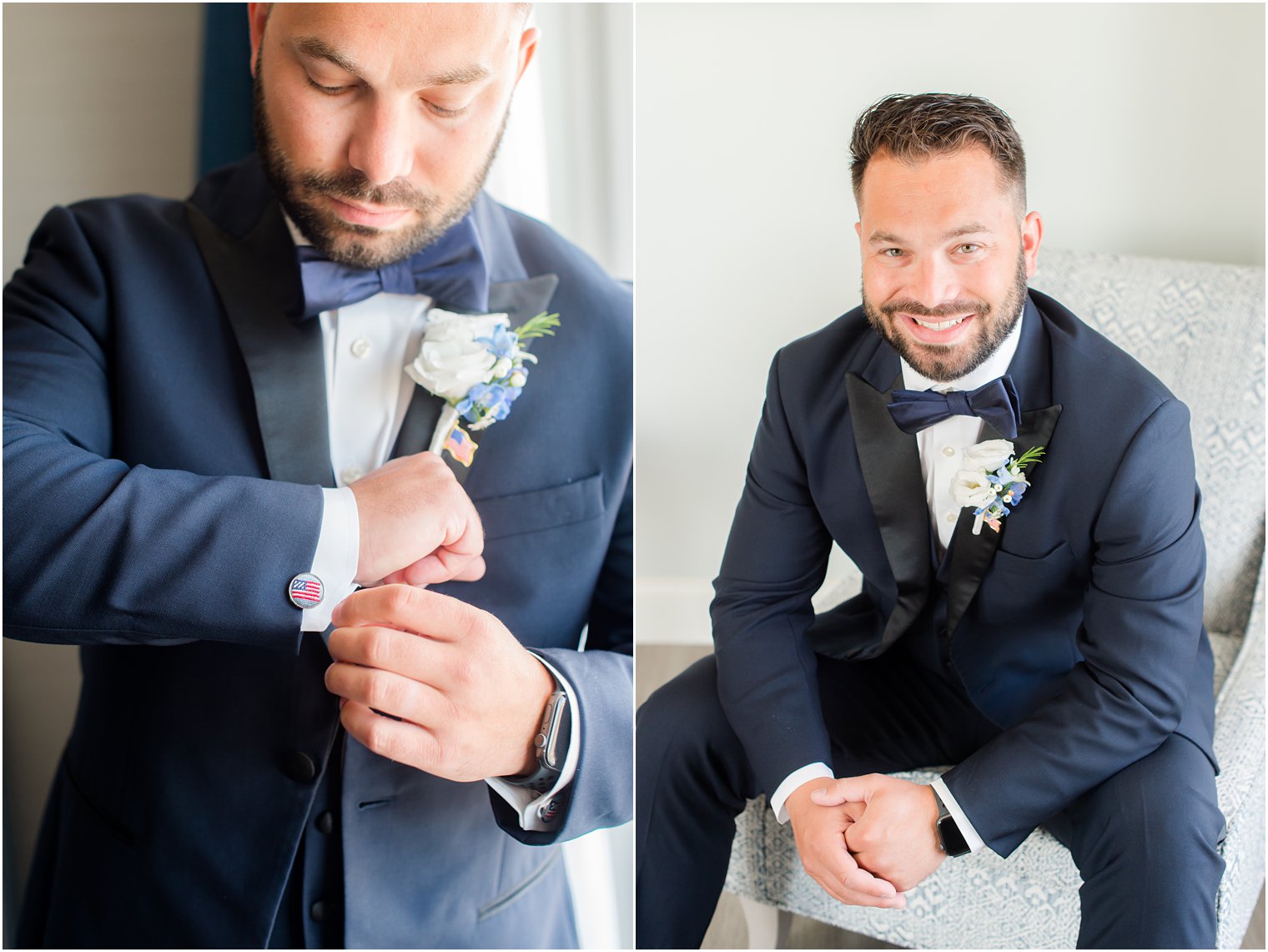 groom in navy suit puts on custom American flag cufflinks