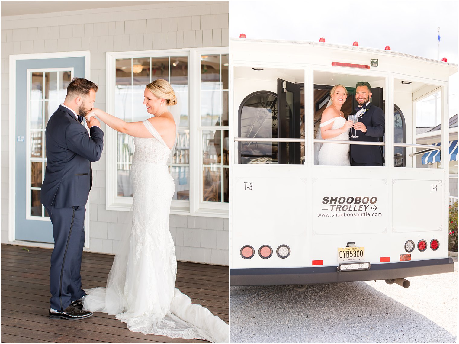 couple toasts champagne on back of trolley on LBI