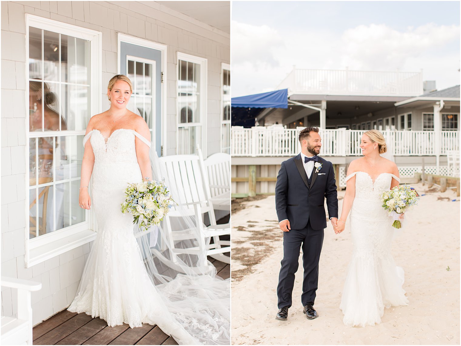 bridal portrait on porch of Brant Beach Yacht Club