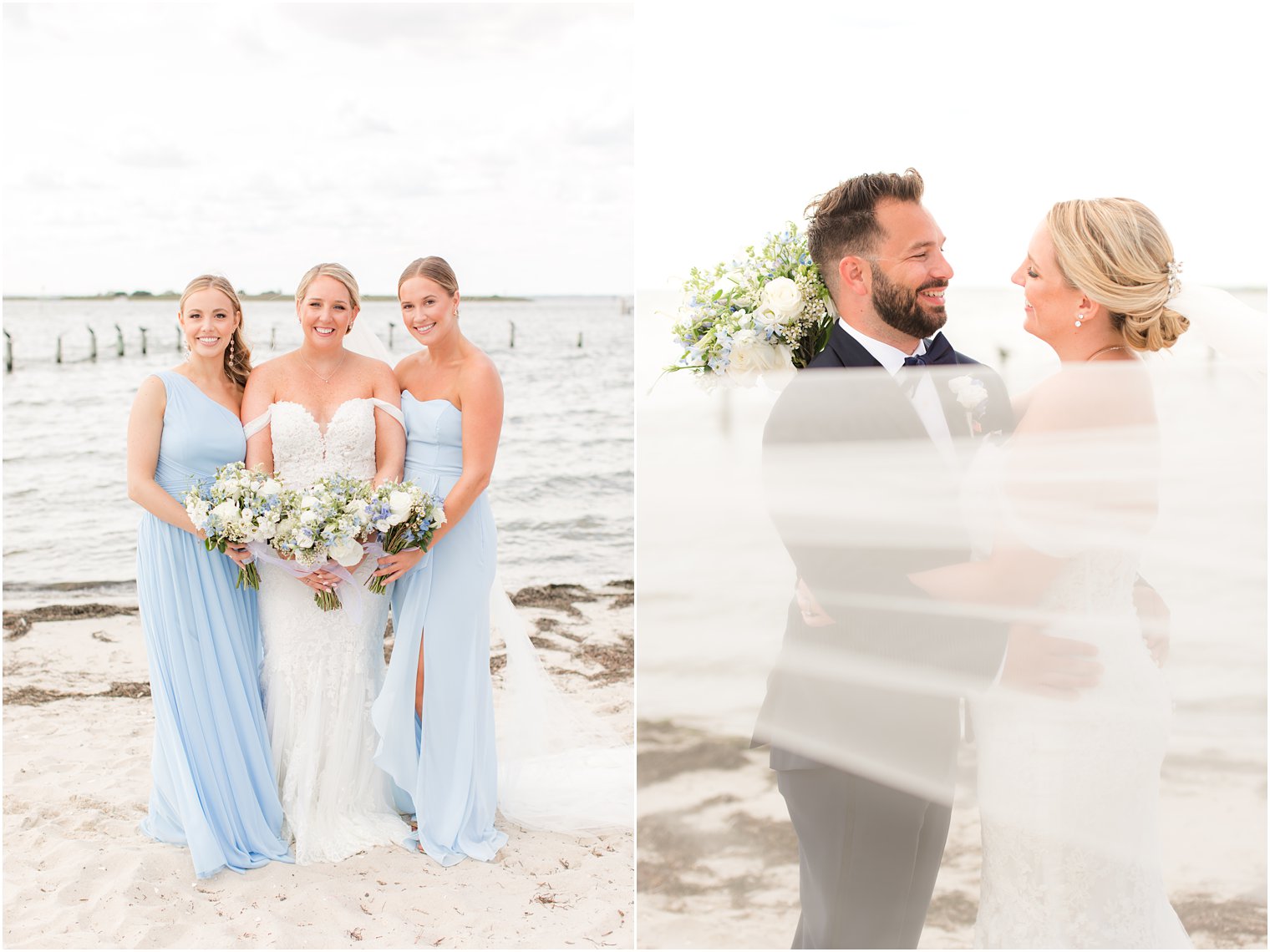 bride poses with bridesmaids in blue gowns on beach