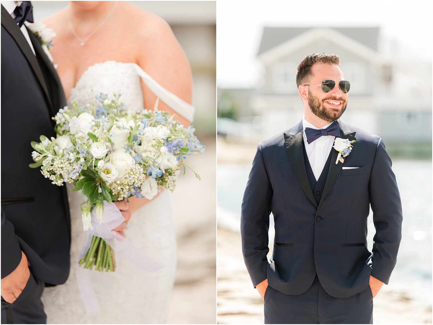 groom poses in aviators in navy suit on Brant Beach