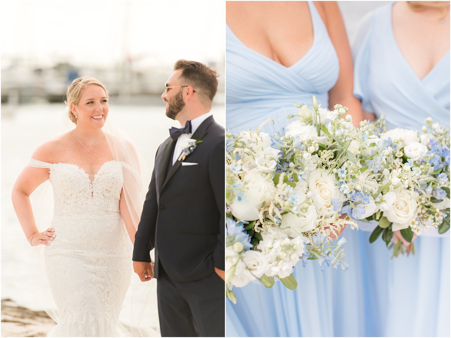 bride and groom hold hands smiling at each other during Brant Beach Yacht Club Wedding photos
