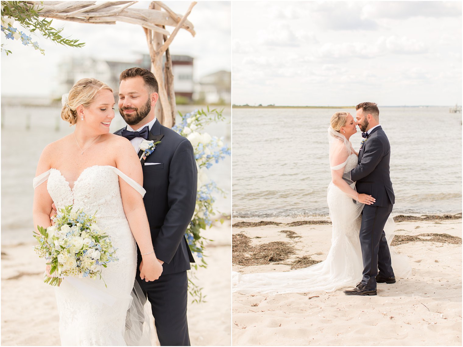 bride and groom pose by wooden arbor on beach during New Jersey wedding portraits 