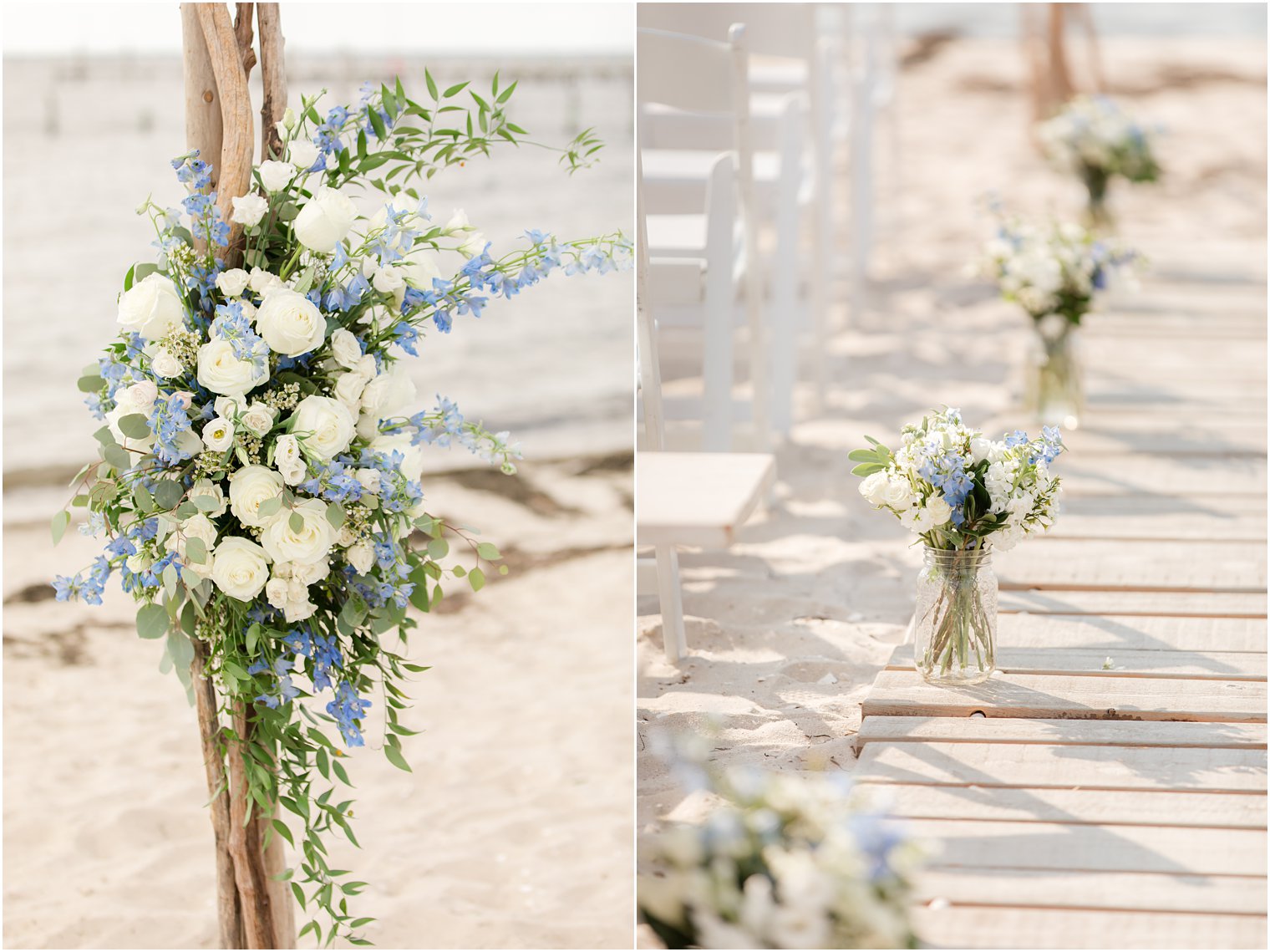 ivory and blue floral accents for beach wedding ceremony 