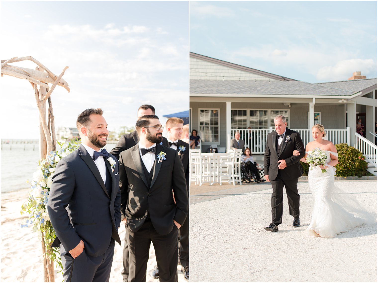 groom watches bride walk down aisle with dad for waterfront beach ceremony