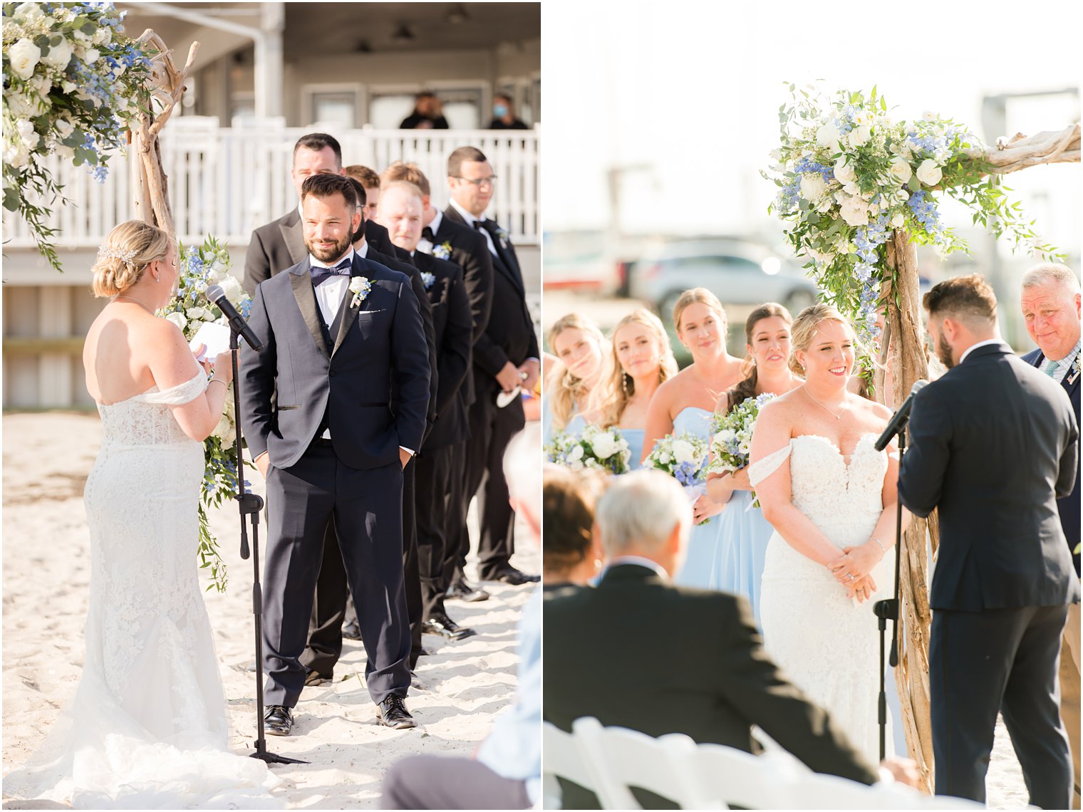 bride and groom exchange vows during waterfront beach ceremony at Brant Beach yacht Club