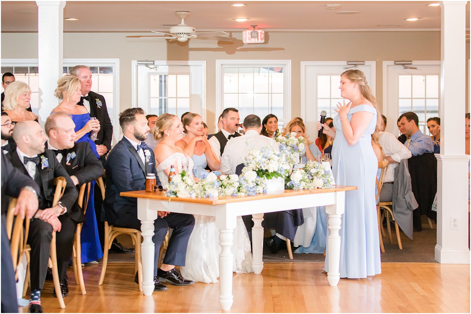 maid of honor cries giving speech at Brant Beach Yacht Club wedding reception 