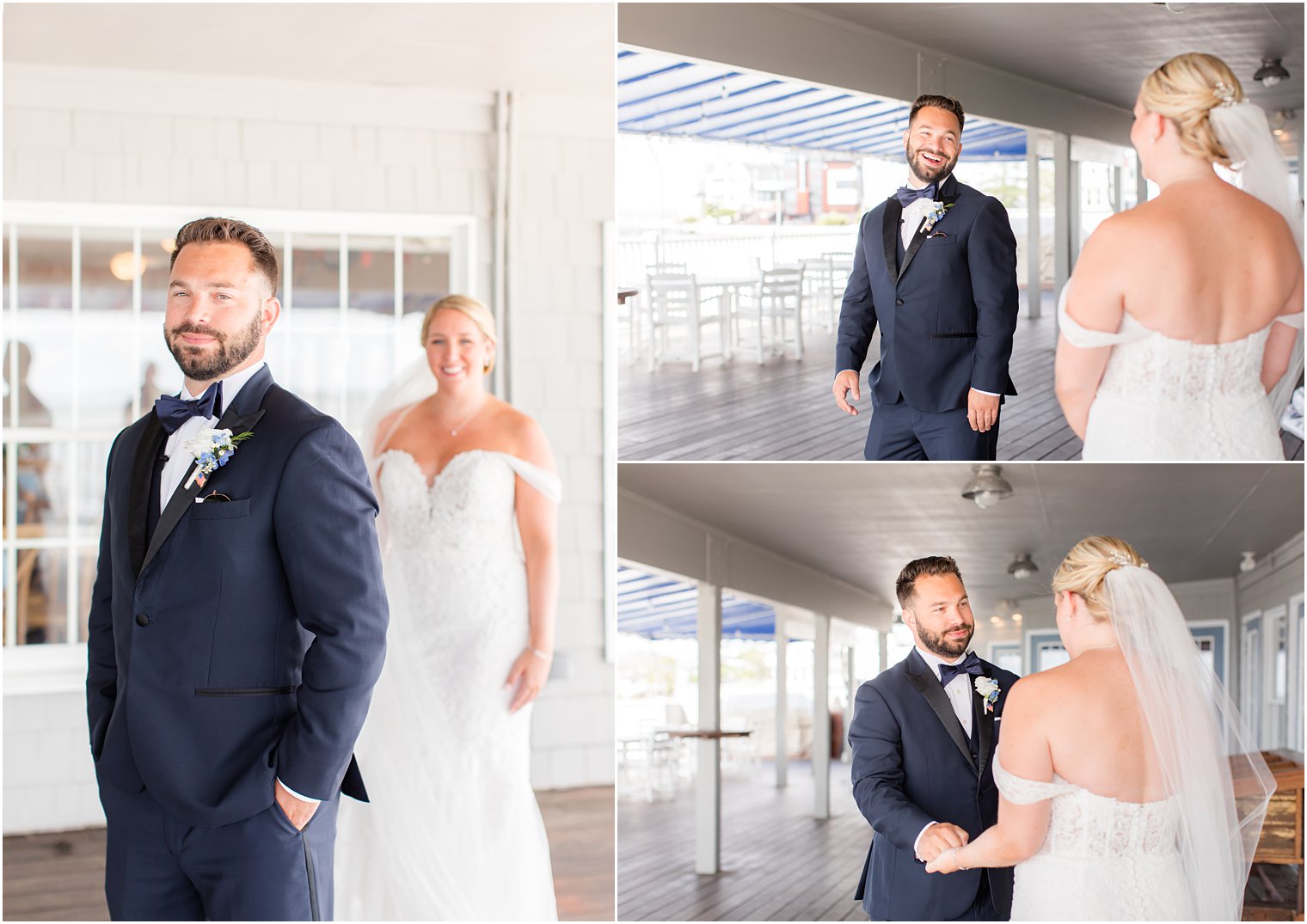 groom sees bride for the first time during first look at Brant Beach Yacht Club
