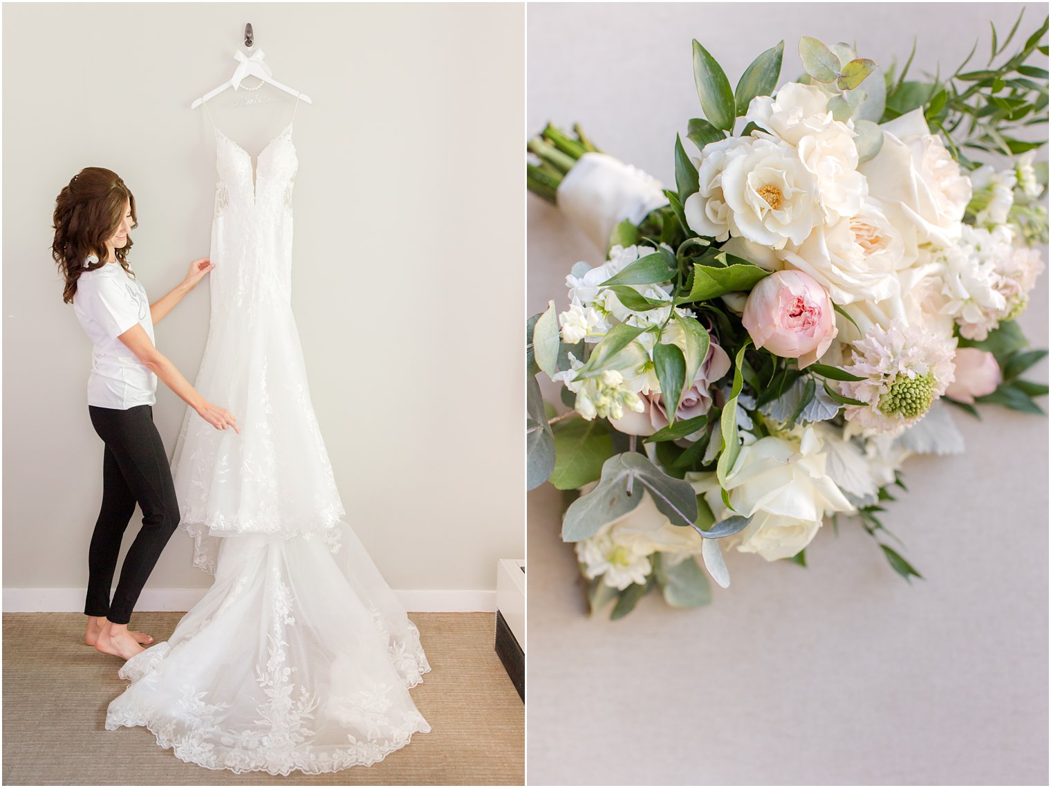 bride looks at wedding dress the morning of her wedding