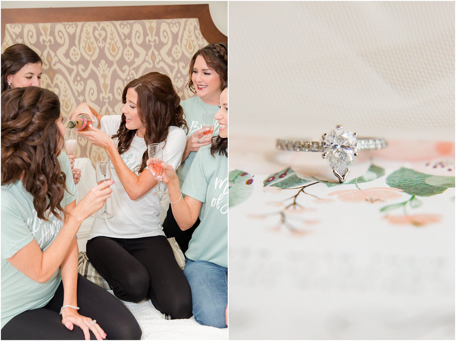 bride pours champagne for bridesmaids during wedding day prep 