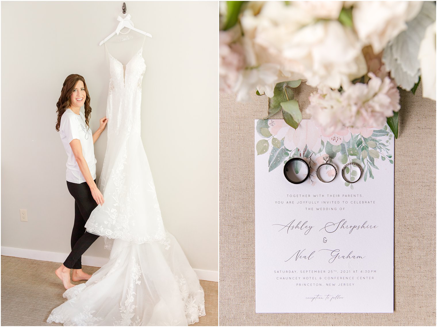 bride stands next to wedding gown on the morning of wedding day 