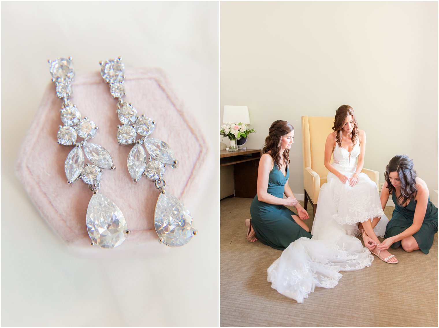 bridesmaids help bride with shoes and gown on wedding morning 