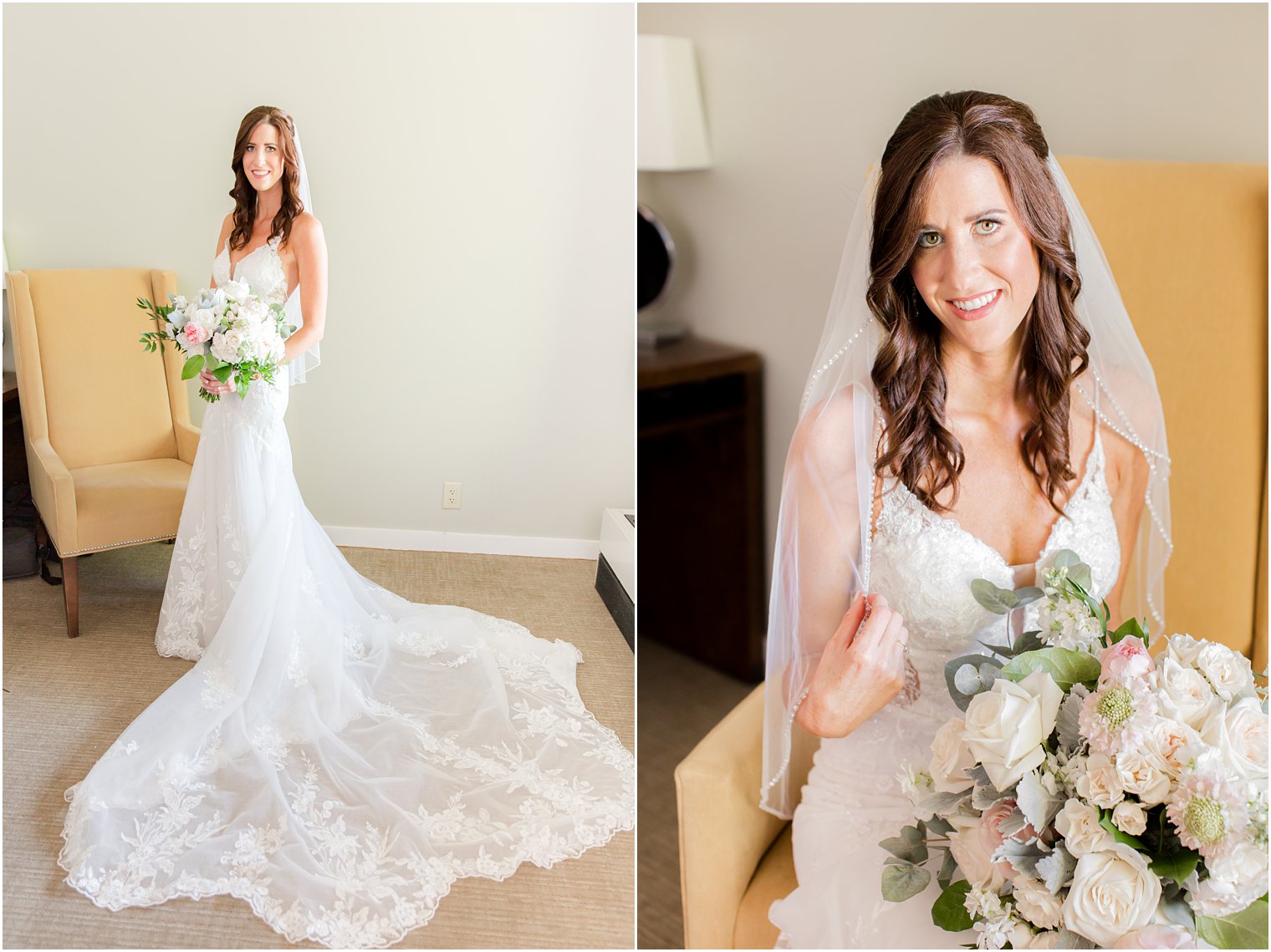 bride stands by chair in hotel room before Princeton NJ wedding day 