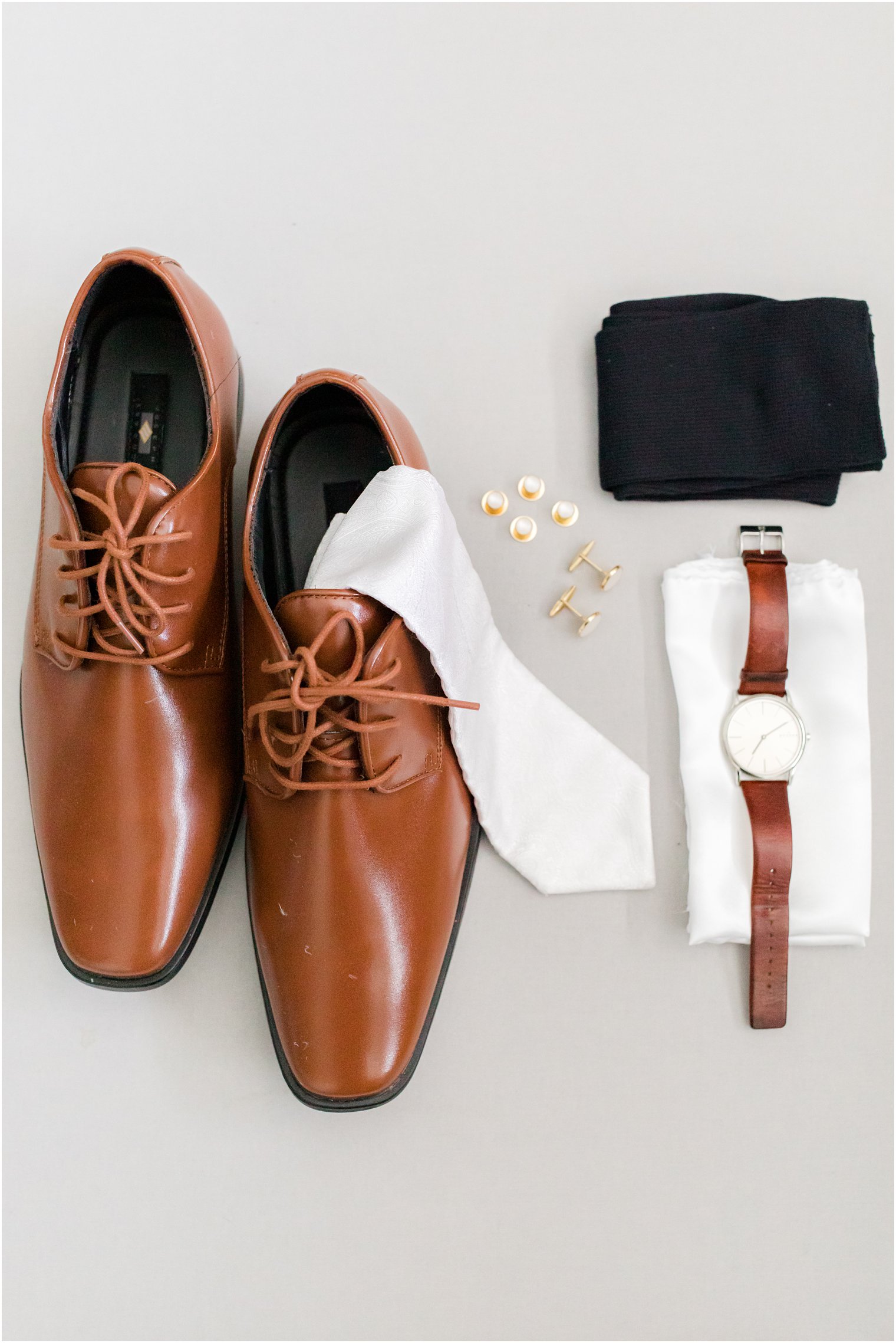groom's brown shoes and watch for fall wedding day in Princeton NJ 