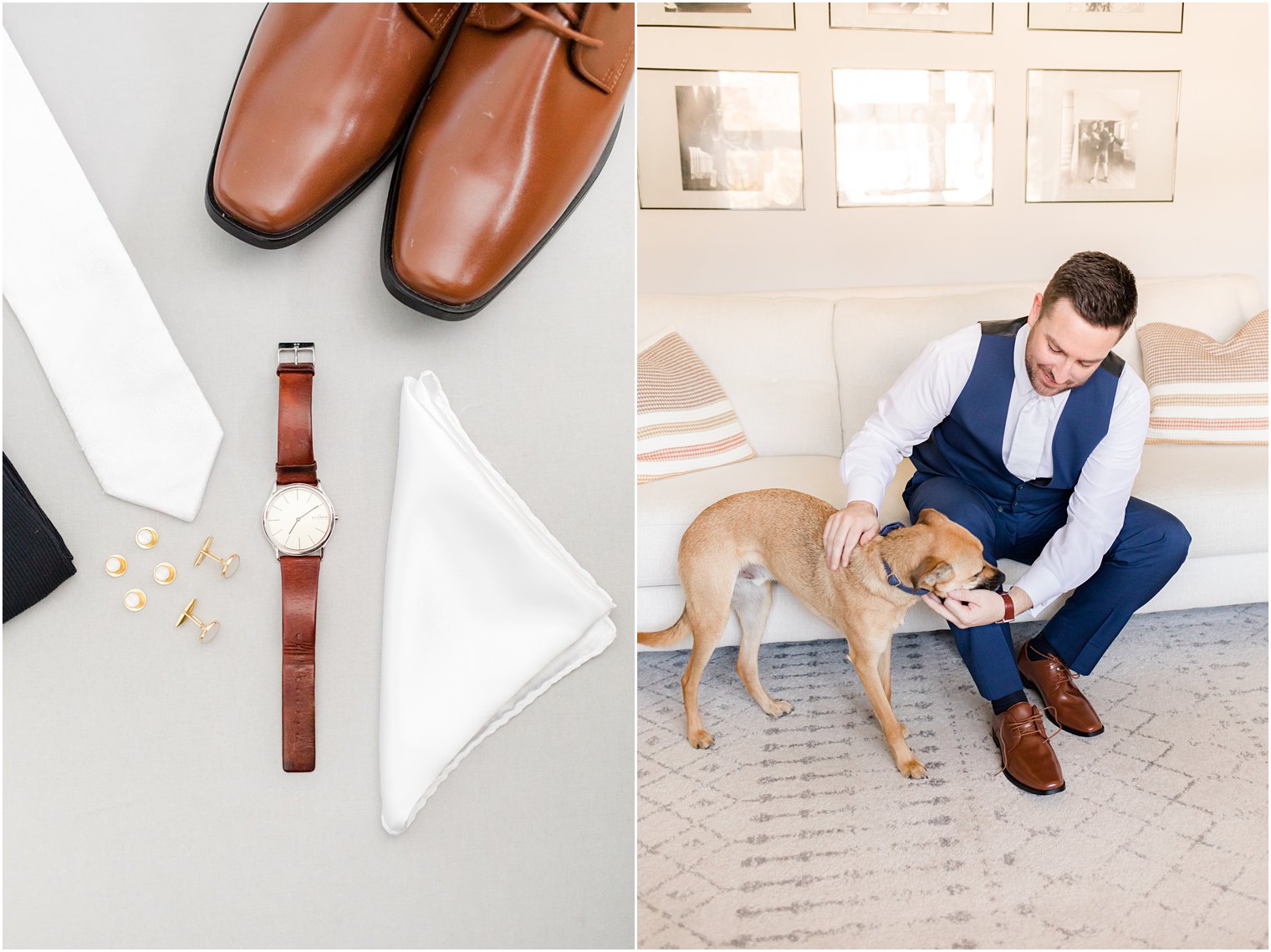 groom plays with dog on the morning of his Chauncey Hotel wedding day
