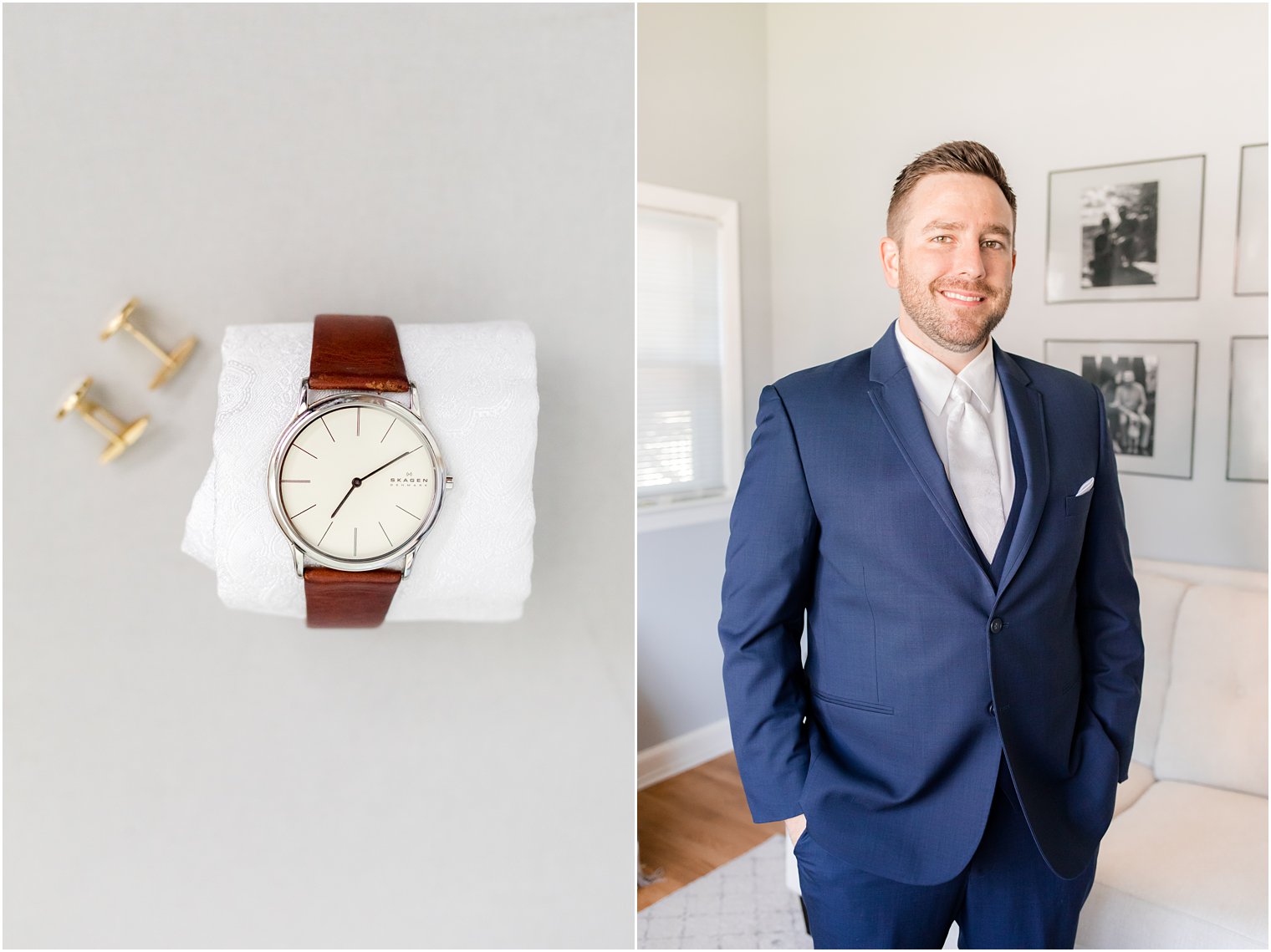 groom in navy suit poses standing with hands in pockets 