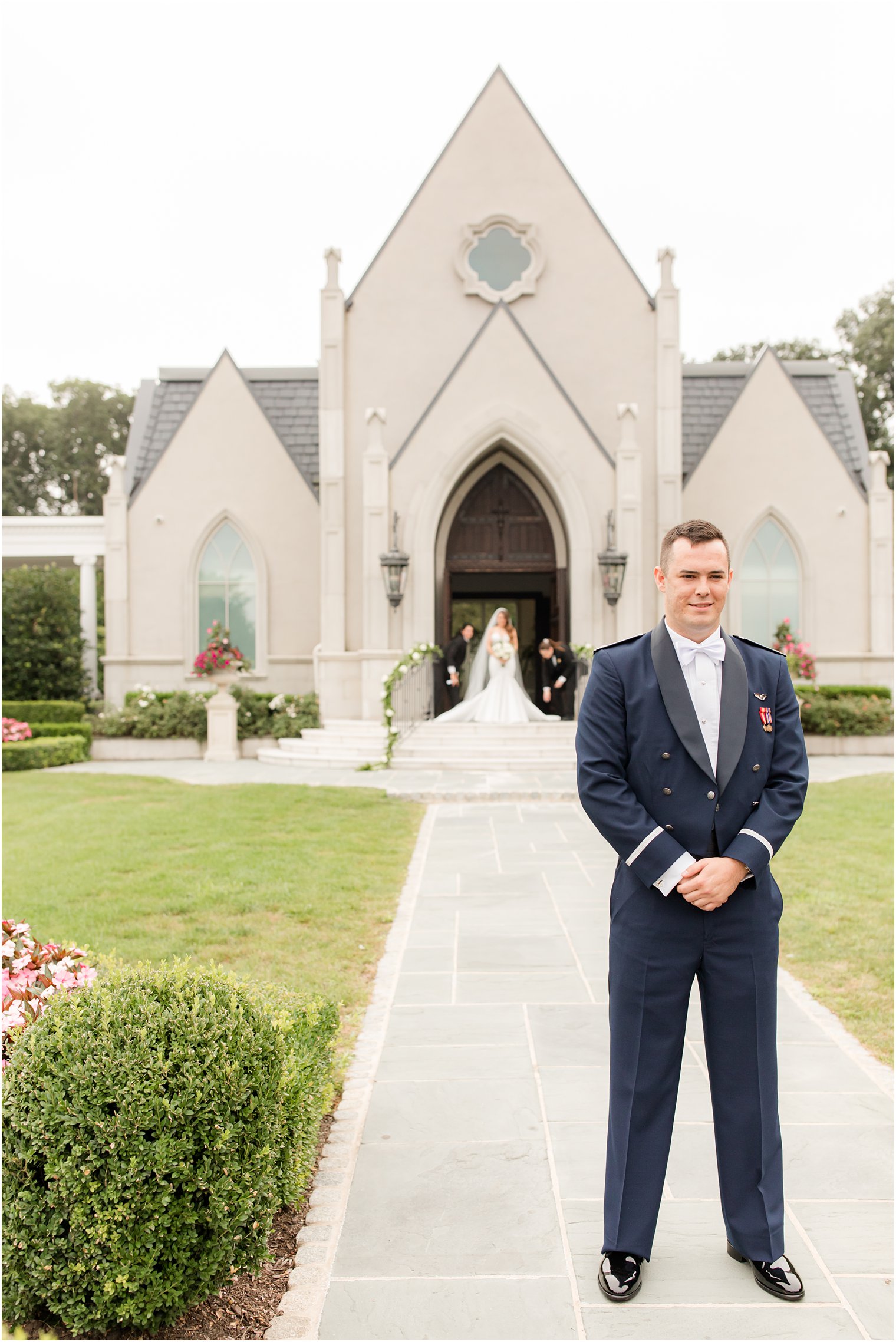 bride walks to see groom for first look at Park Chateau Estate