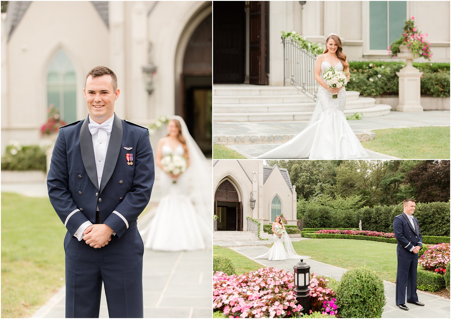 bride walks to see groom for first look outside Park Chateau chapel