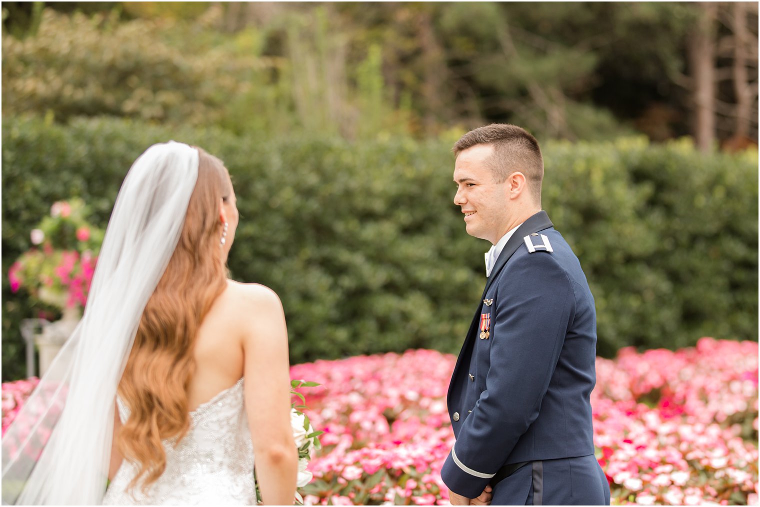 groom turns to see bride during first look in New Jersey