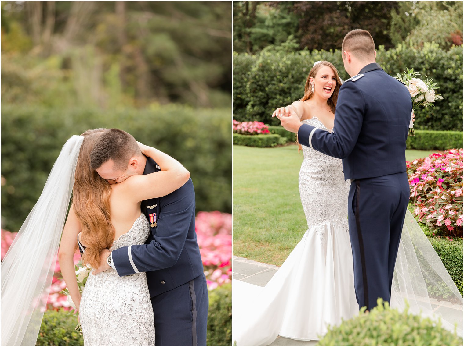 newlyweds smile during first look in gardens at Park Chateau Estate