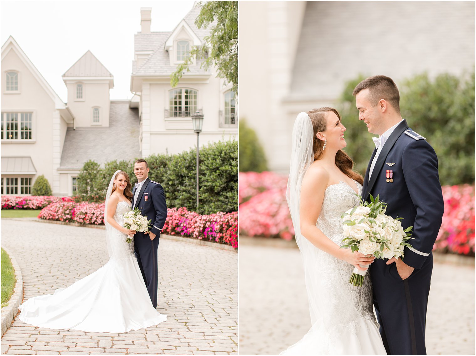 newlyweds hug on walkway outside Park Chateau Estate and Gardens 