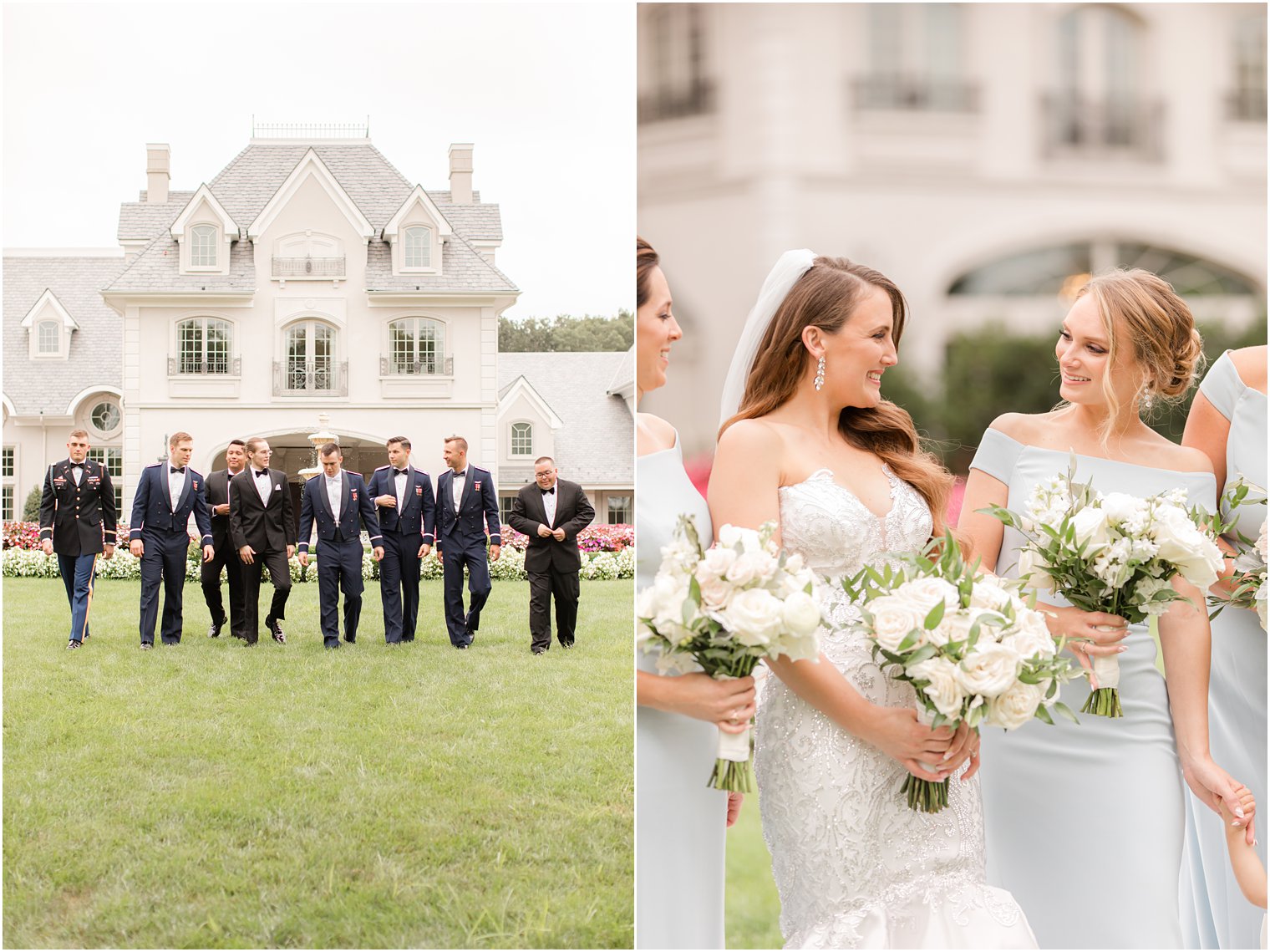 bride and groom pose with wedding party on lawn at Park Chateau Estate