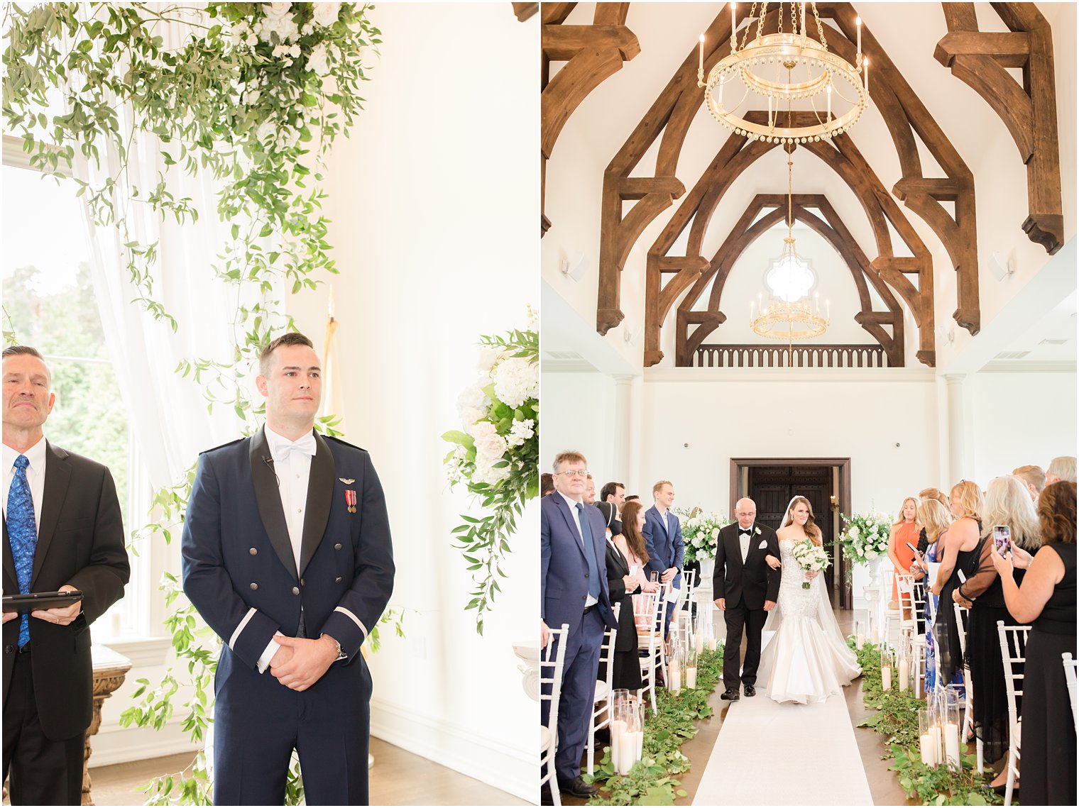 bride walks down aisle before East Brunswick NJ wedding ceremony in chapel