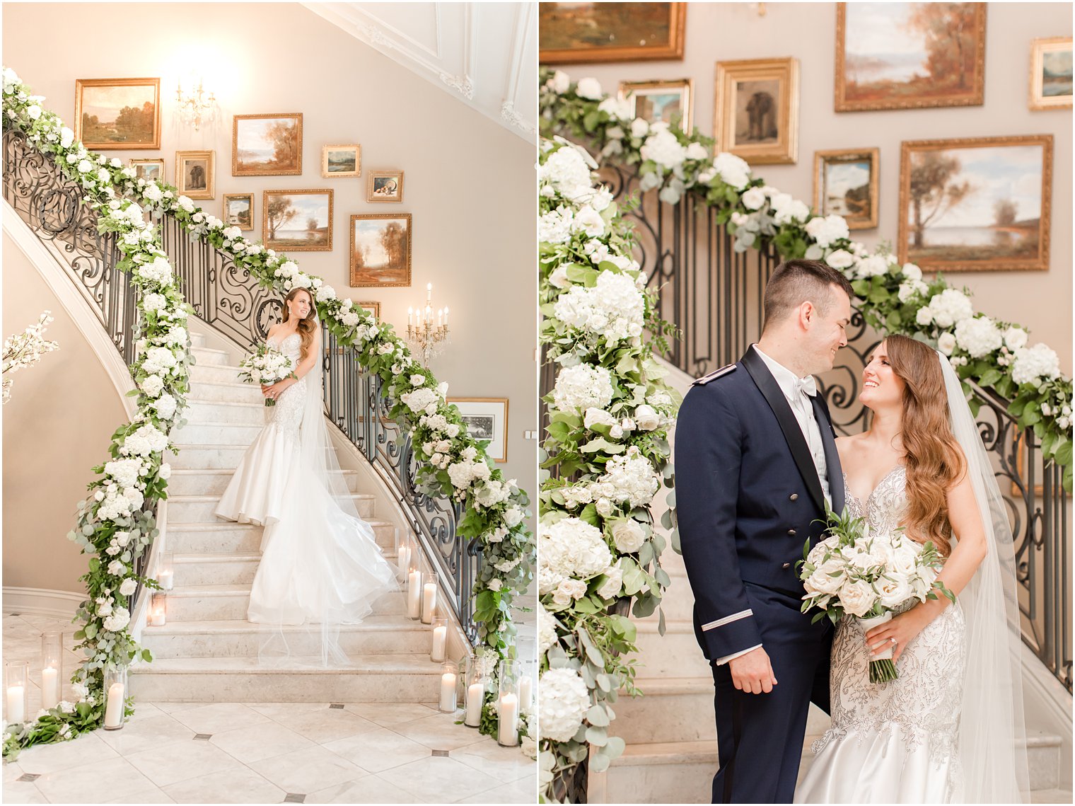 classic bridal portraits on staircase at Park Chateau Estate with floral garland 