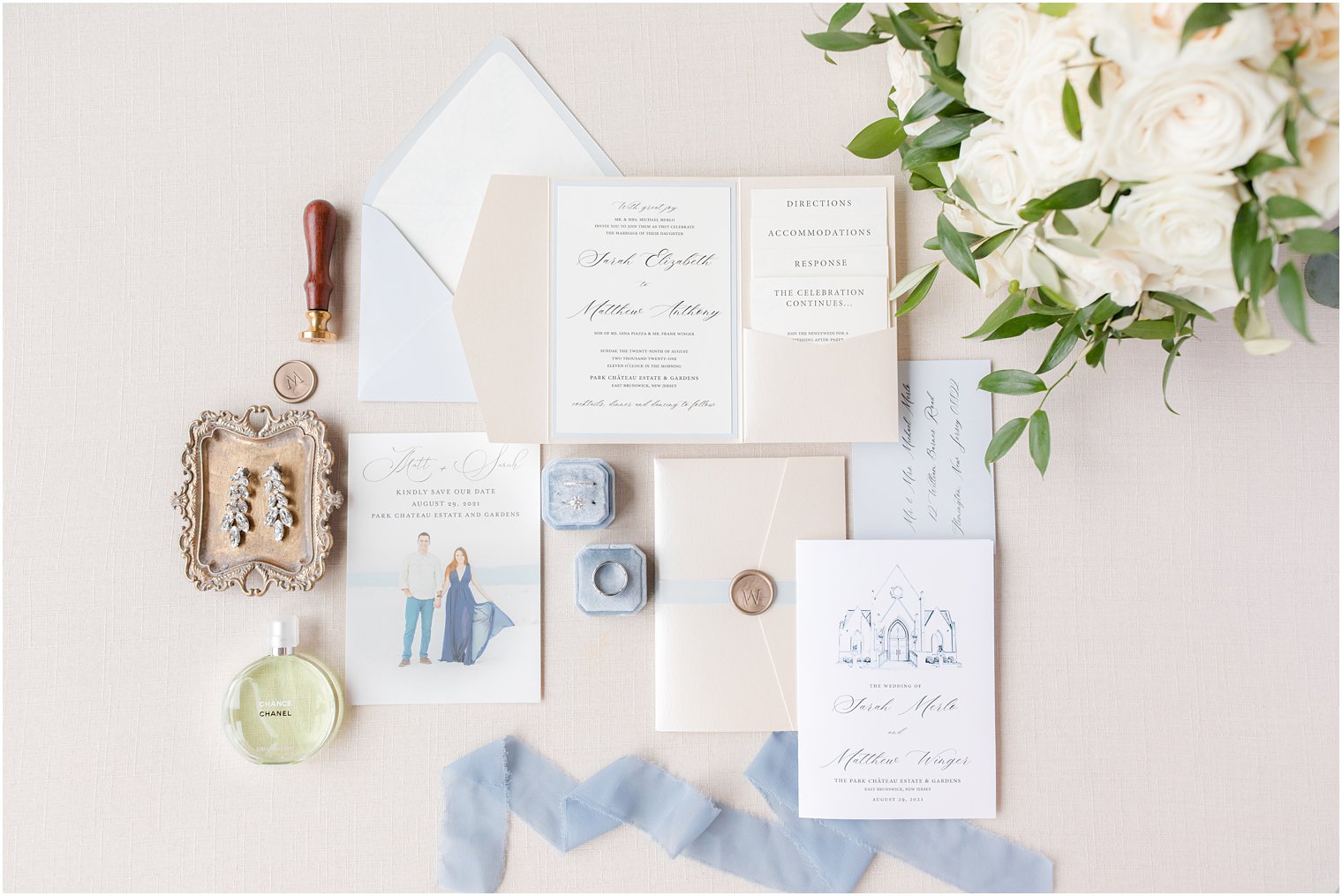 light blue and ivory details for NJ wedding day