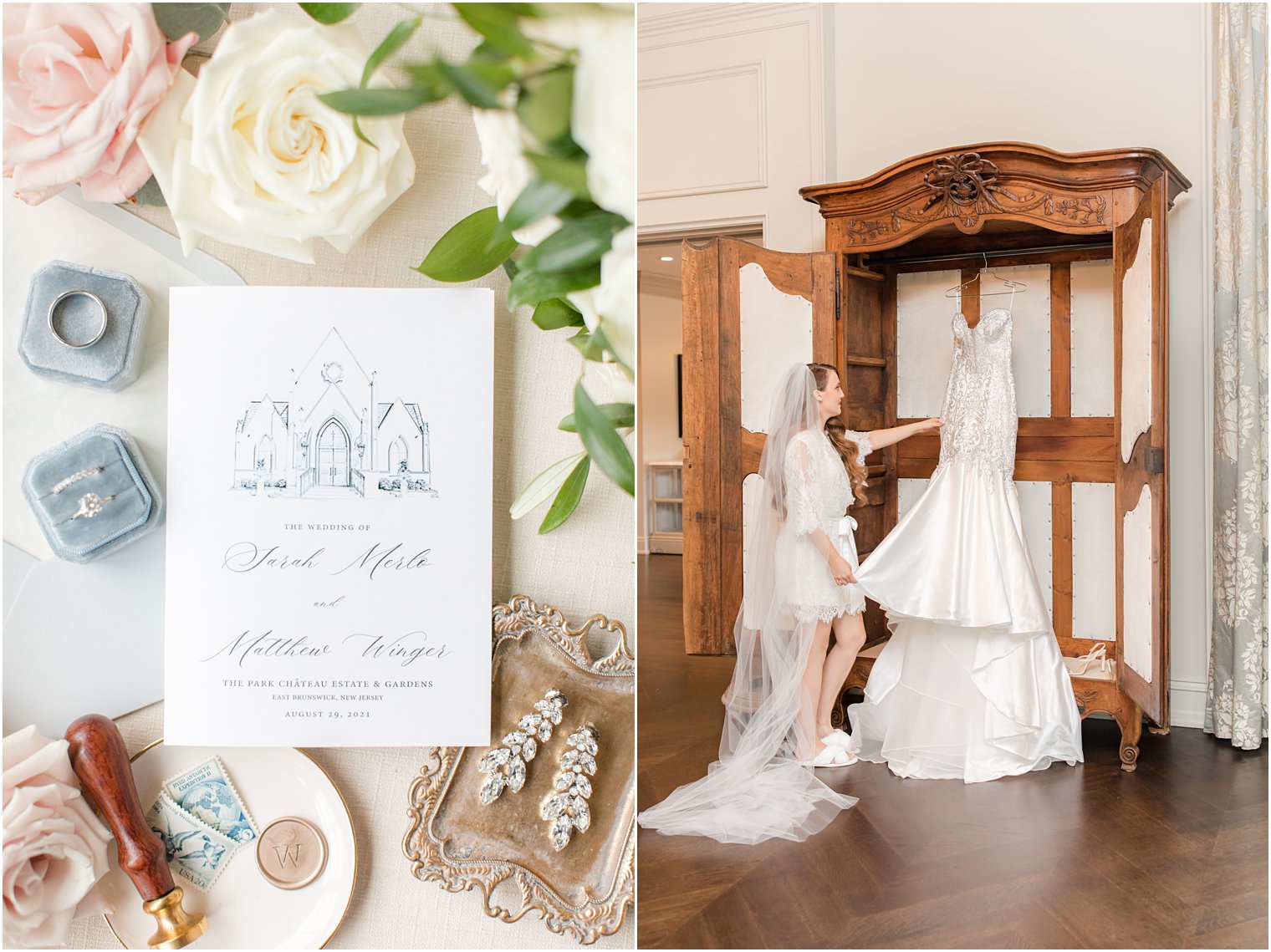 bride looks at wedding gown hanging in armoire in bridal suite at Park Chateau Estate