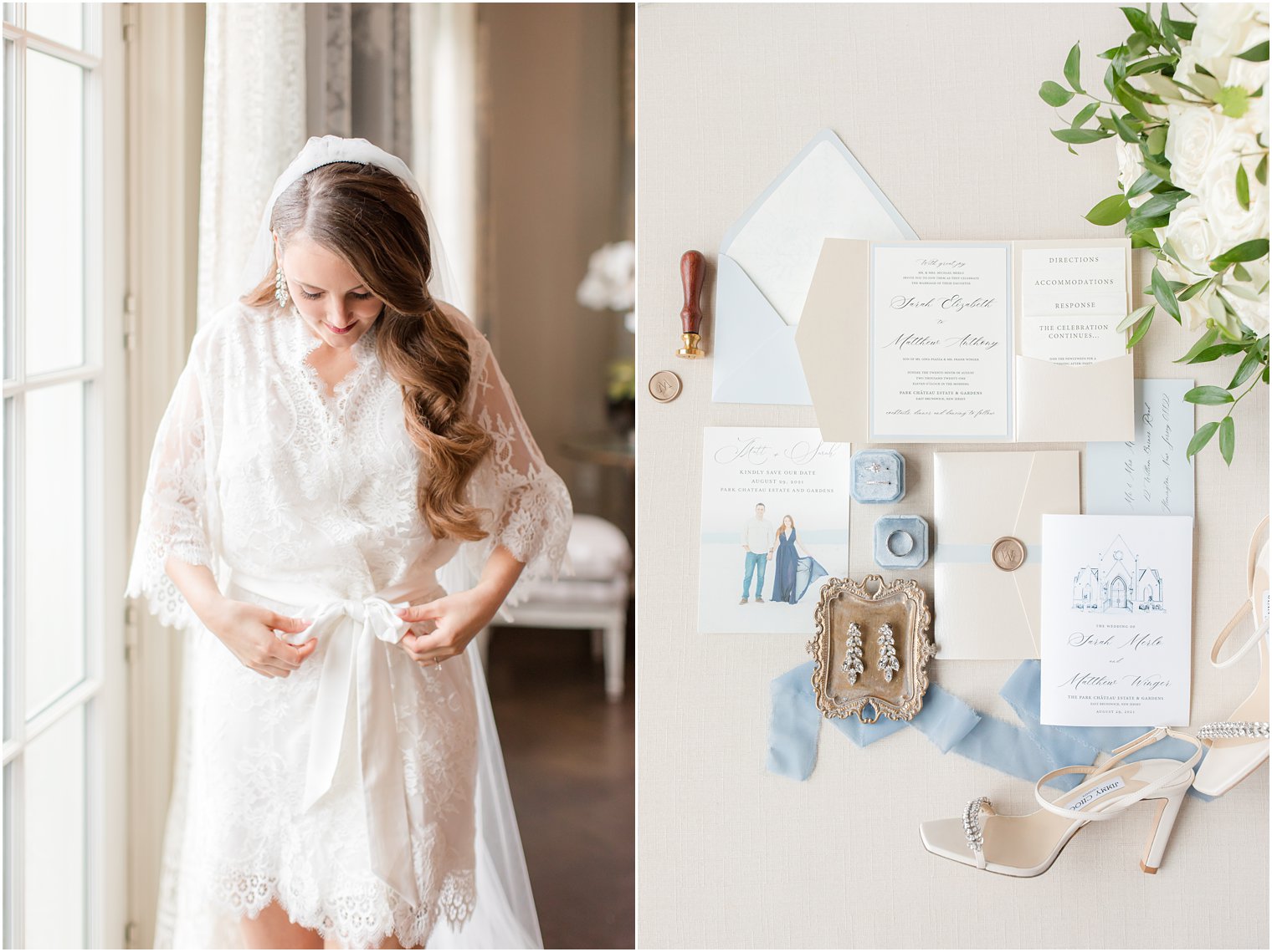 bride adjusts tie on robe and details for Park Chateau Estate wedding day