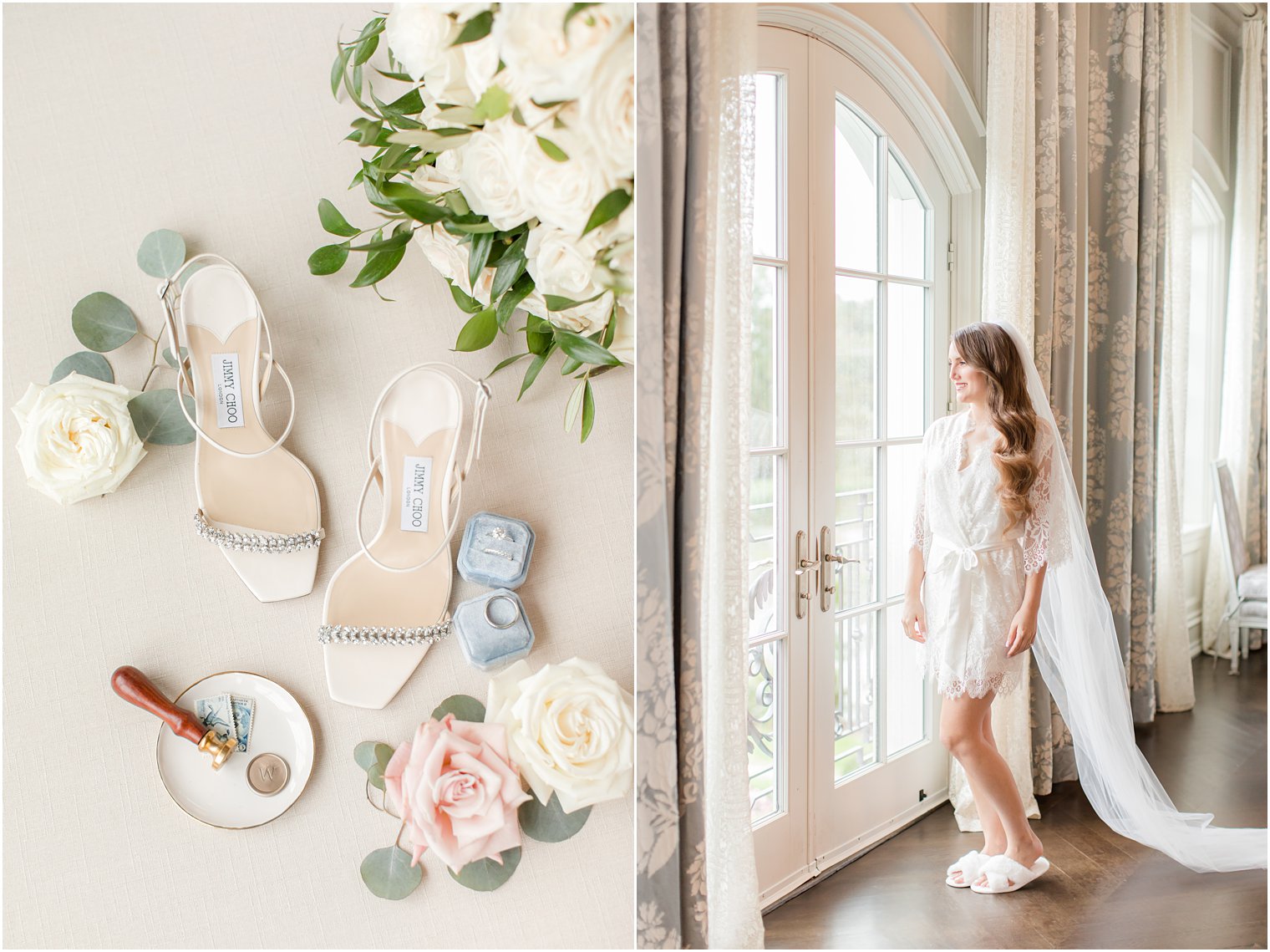 bride poses by window in robe with veil behind her 