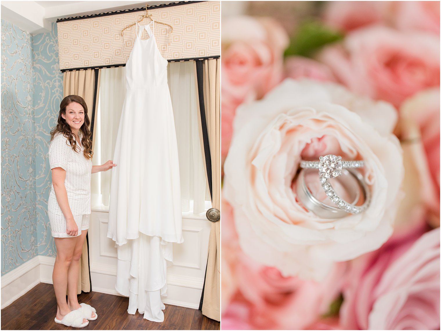 bride poses by wedding gown at Molly Pitcher Inn