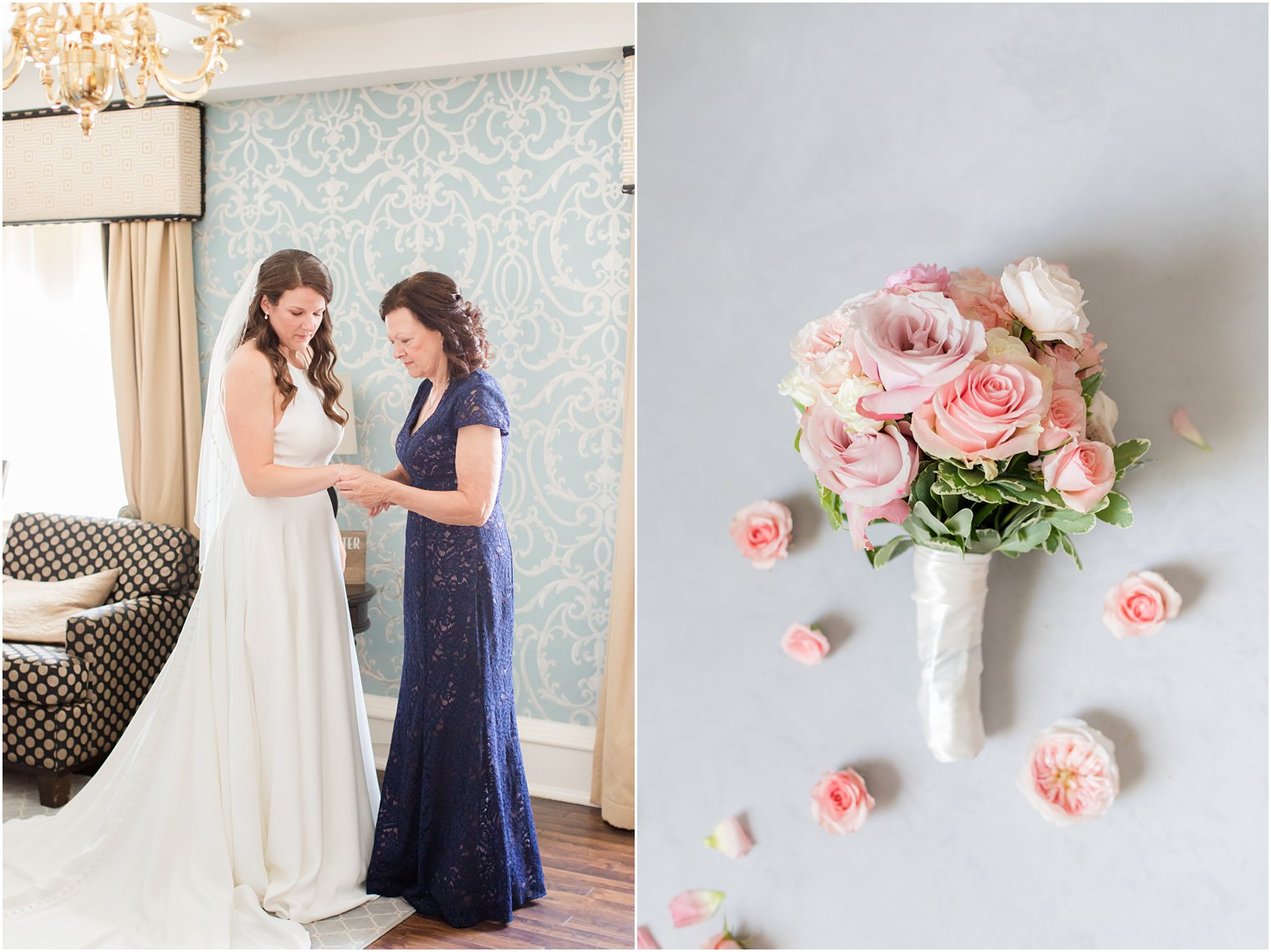 mom helps bride with bracelet on wedding morning 