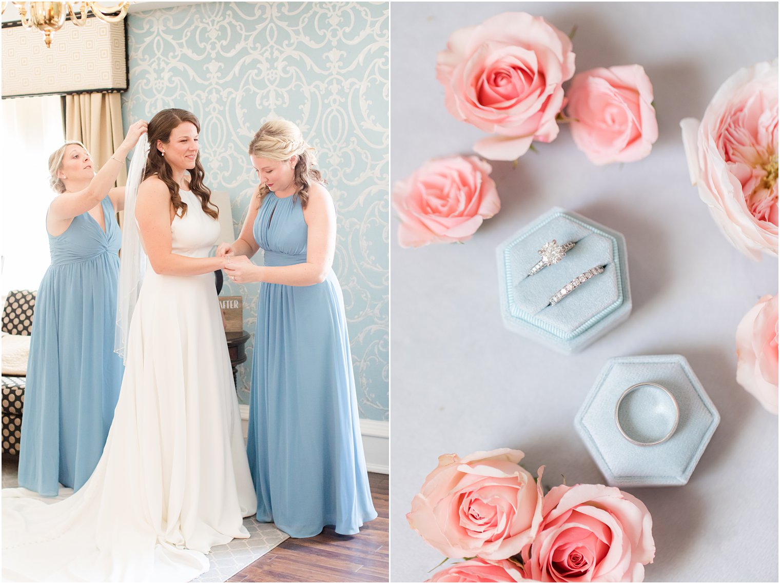 bridesmaids help bride with veil and jewelry on wedding morning 