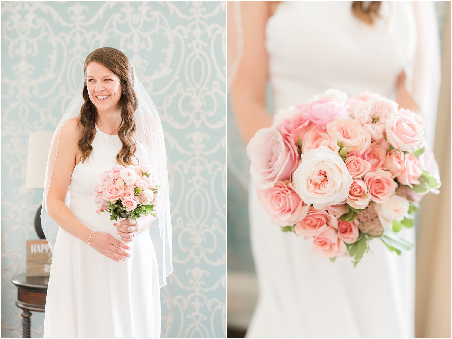 bride holds bouquet of pink flowers for NJ wedding day