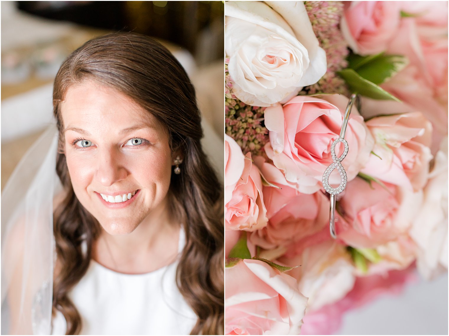 bride sits with veil on and bracelet lays on pink roses 