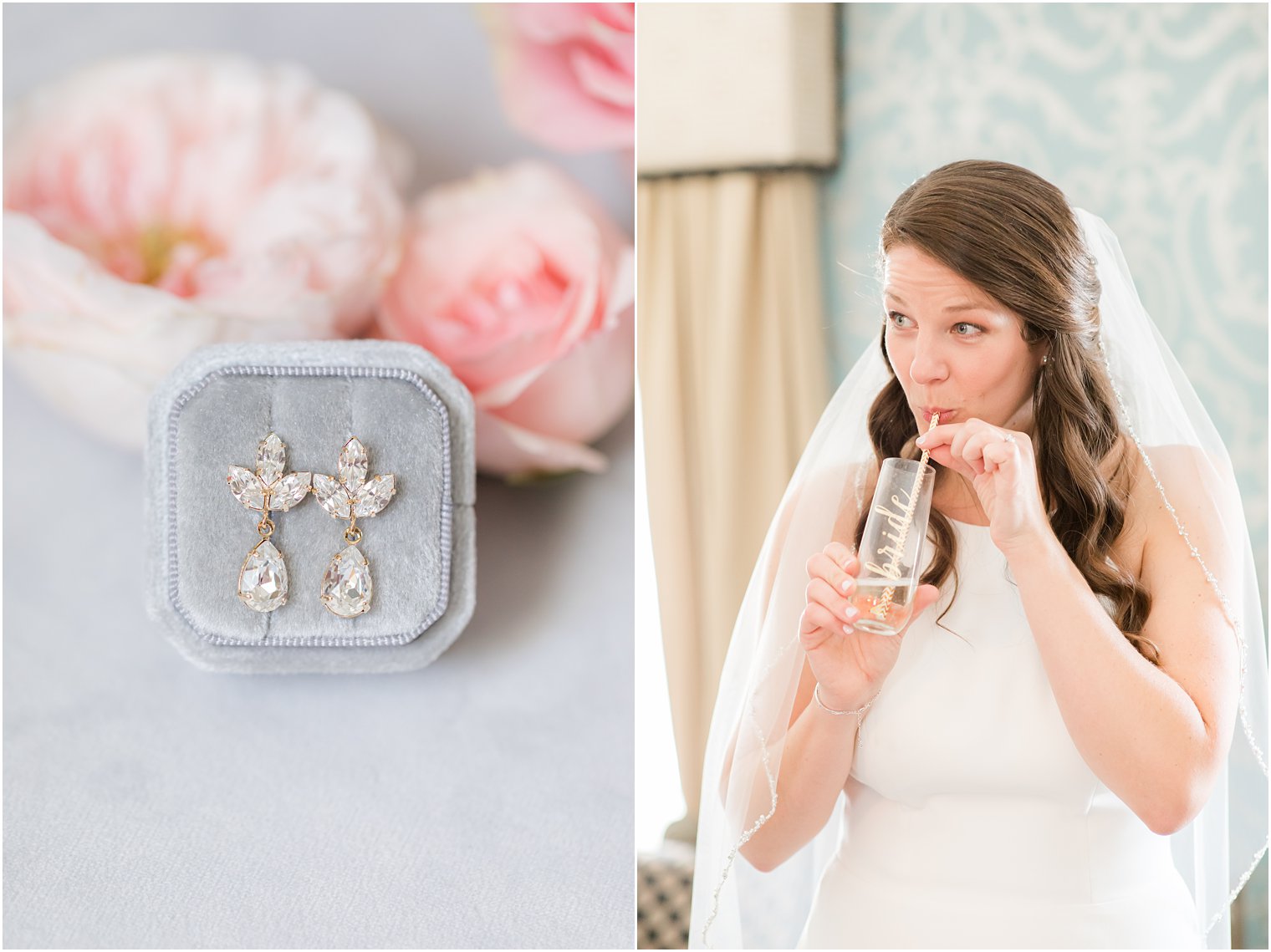 bride drinks champagne out of glass with straw 