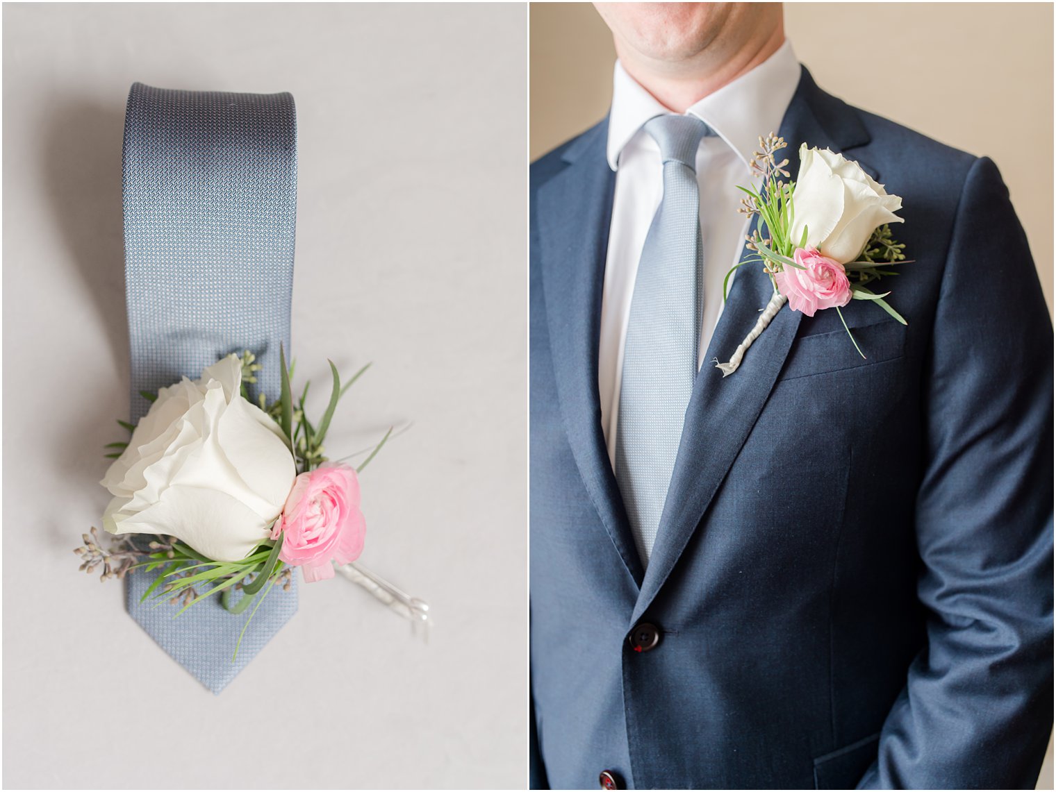 groom's white boutonniere and blue tie for Molly Pitcher Inn wedding 