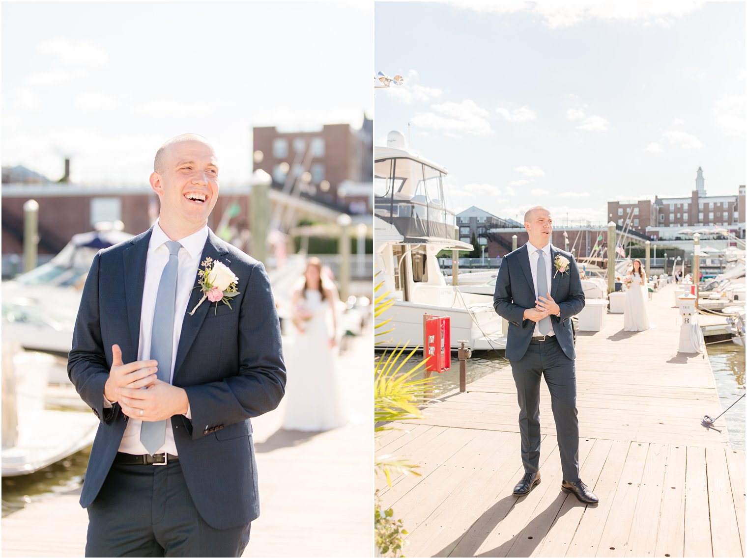 groom reacts to seeing bride on wedding day during first look 