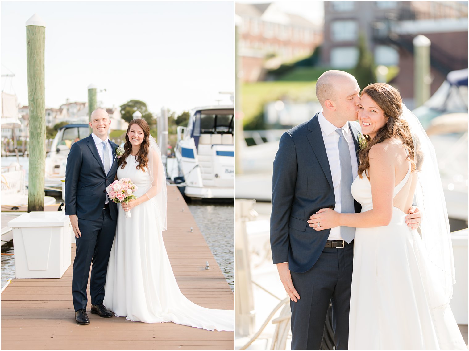 portraits on dock at Molly Pitcher Inn for bride and groom on wedding day 