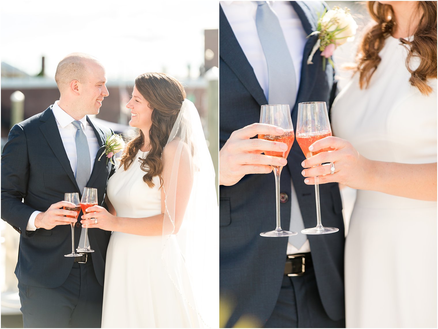 couple toasts with champagne during wedding portraits 