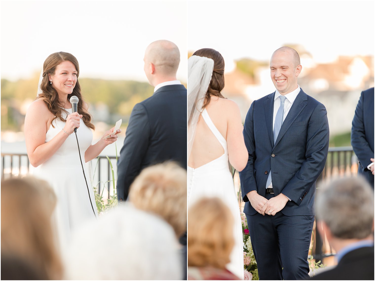 bride reads vows during outdoor waterfront wedding ceremony in Red Bank NJ