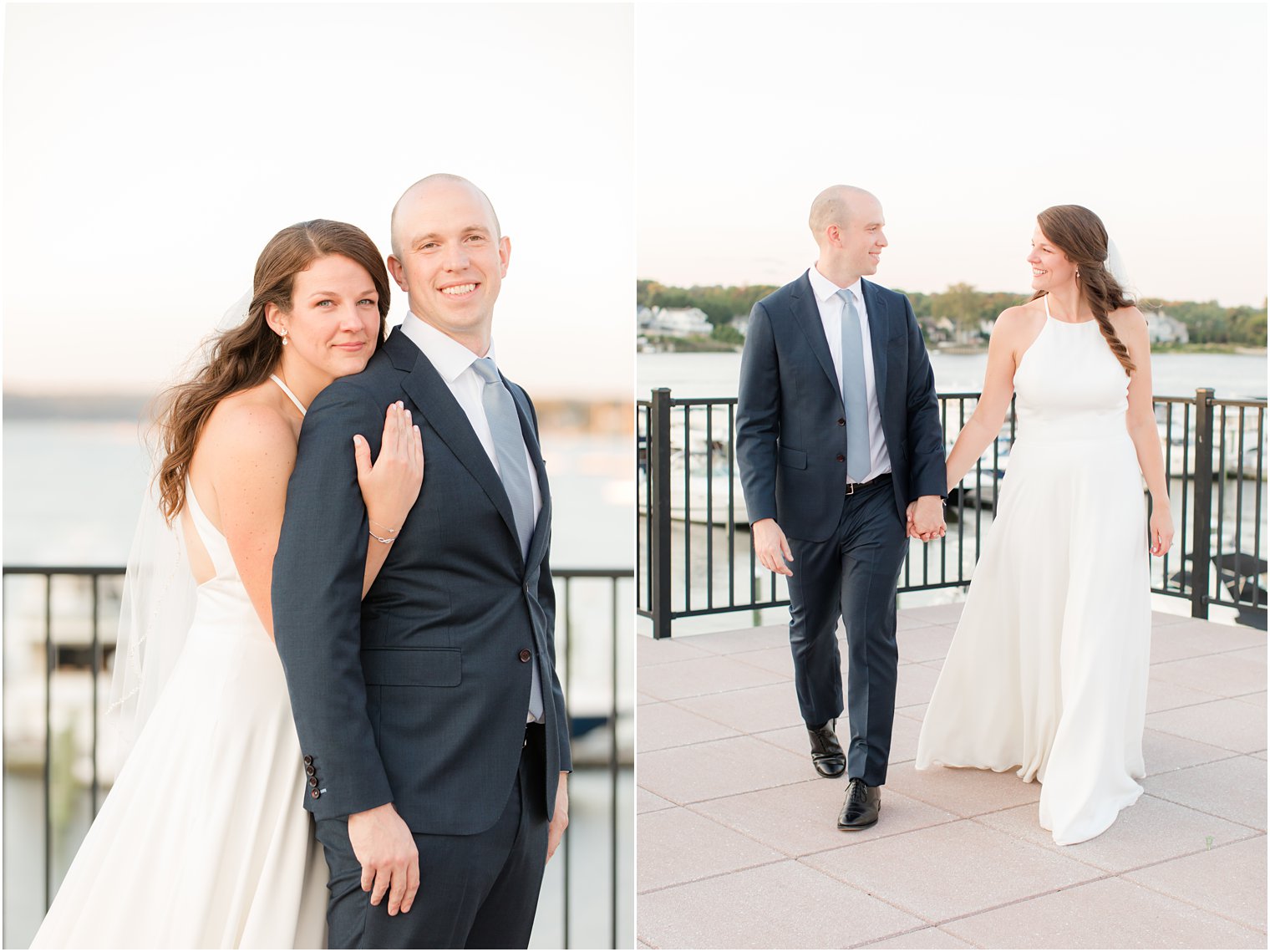 newlyweds walk along waterfront in Red Bank NJ at Molly Pitcher Inn