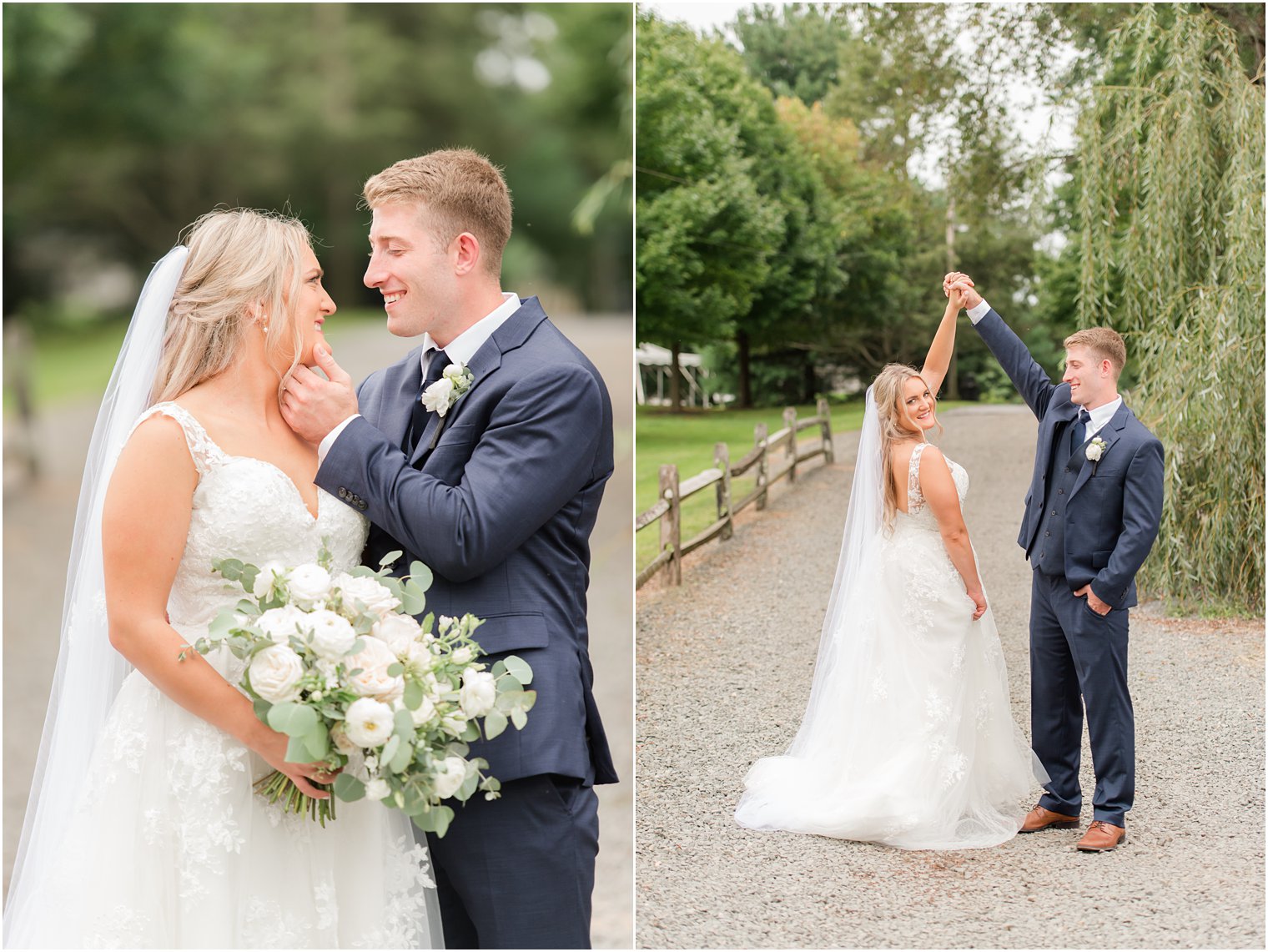 bride and groom twirl on pathway at Windows on the Water at Frogbridge