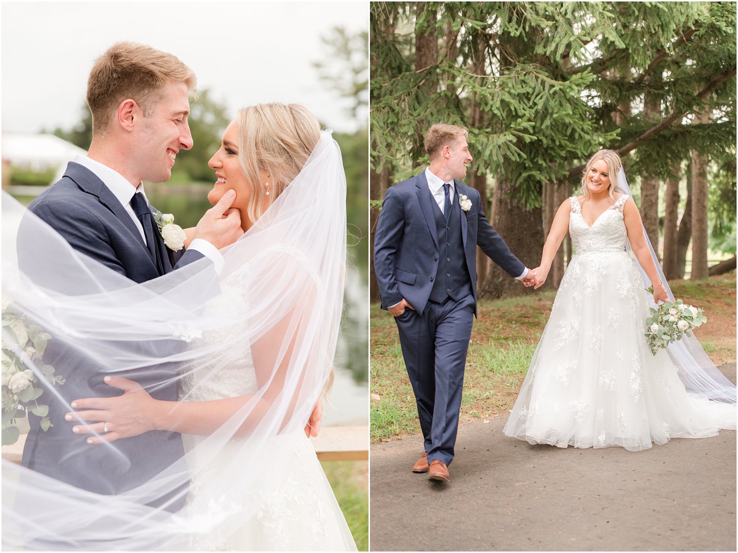 bride and groom walk down path at Windows on the Water at Frogbridge