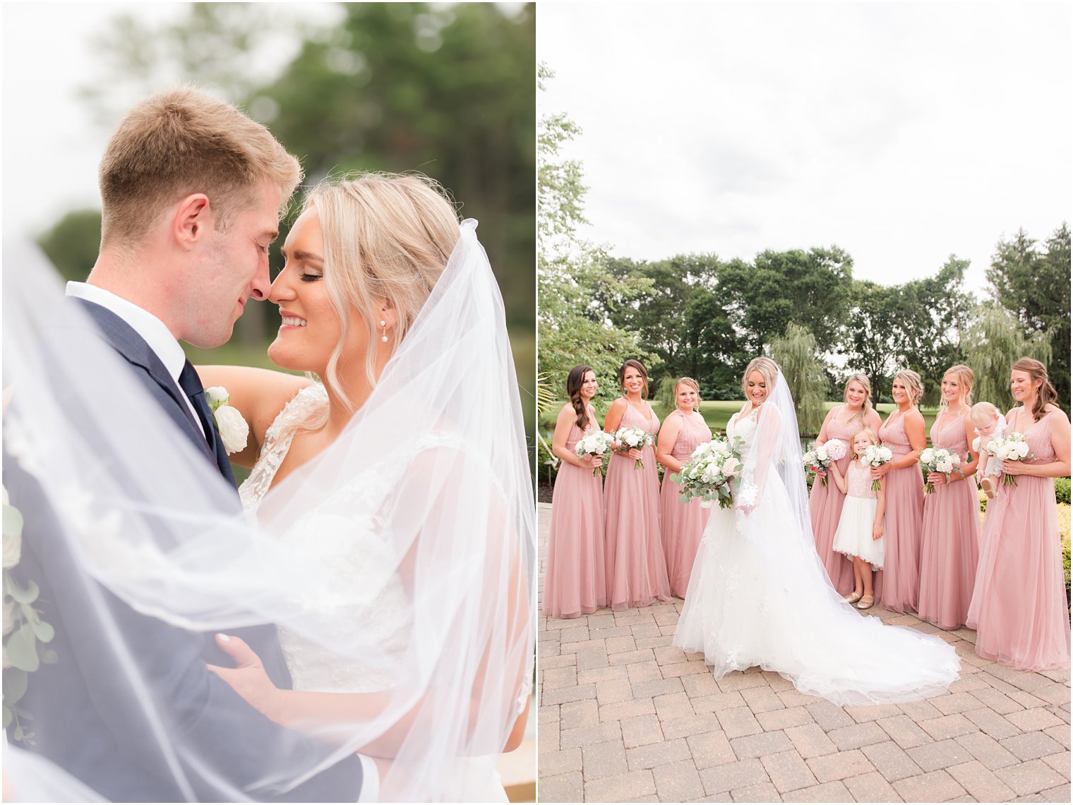 bridesmaids in pink look at bride in wedding gown with veil around shoulders